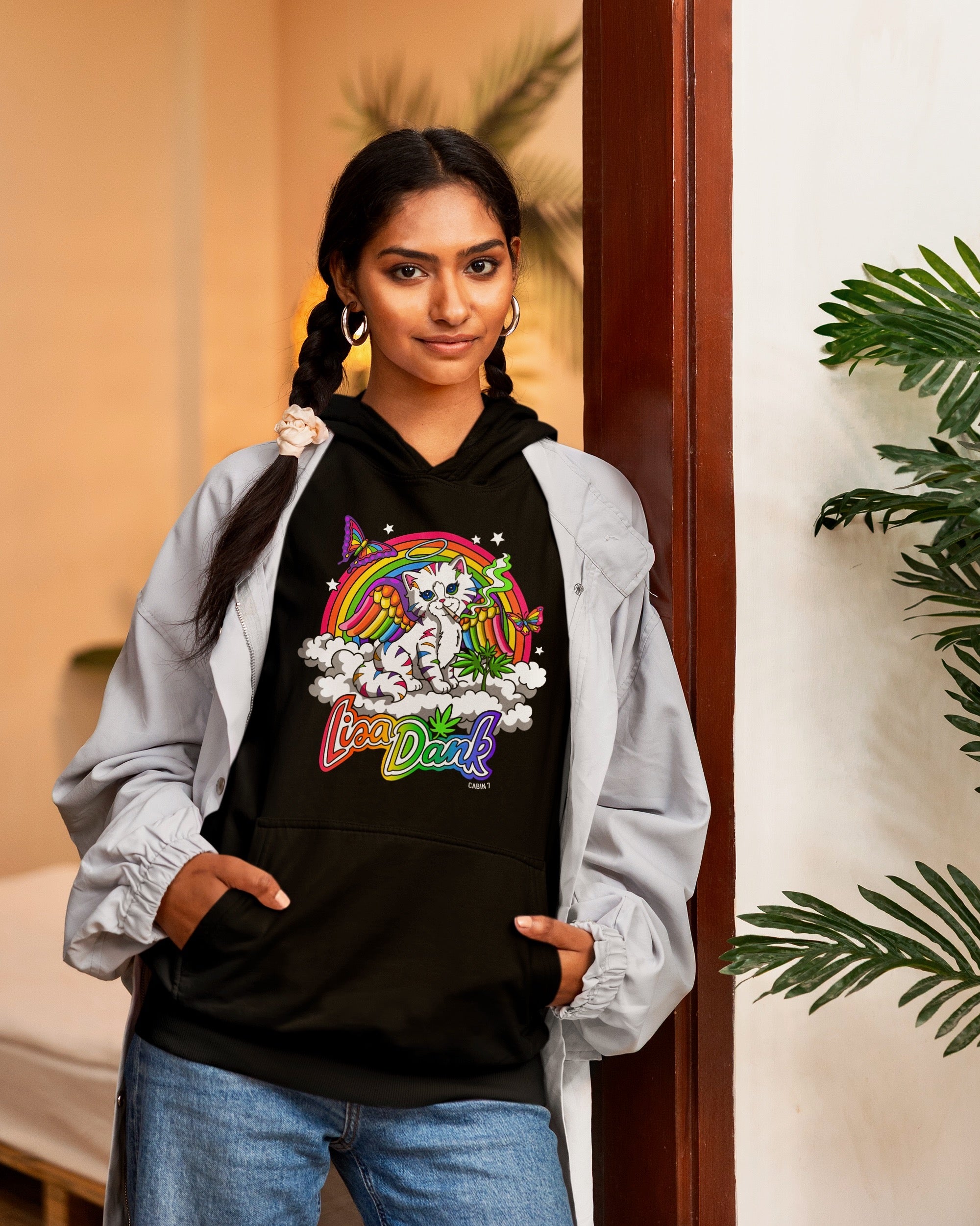 A black hoodie with a colorful stoner Lisa Frank style design, featuring a kitten with angel wings, a rainbow, and a weed plant. Text says "Lisa Dank". Hippie hoodie, stoner hoodie, 420 hoodie.