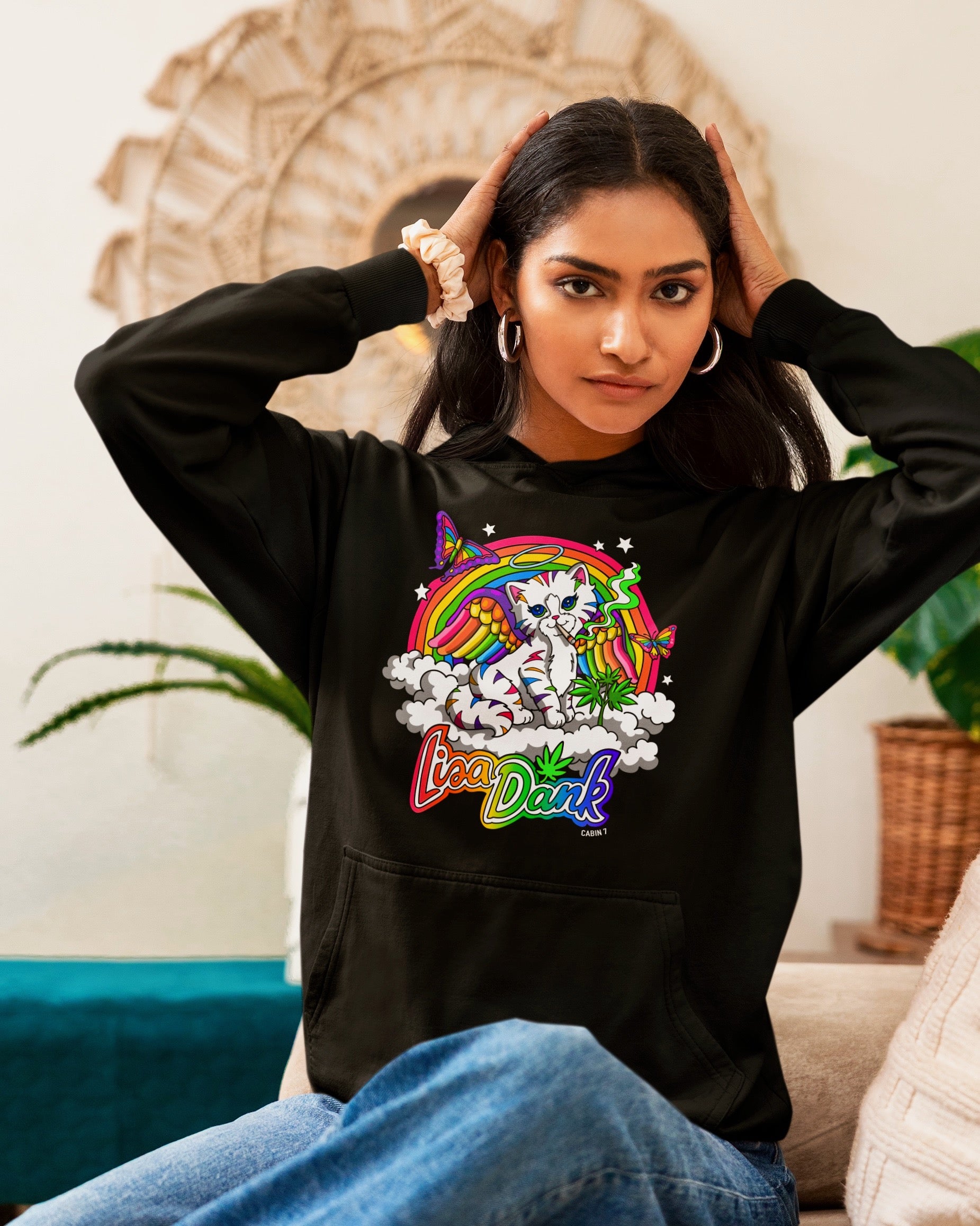 A black hoodie with a colorful stoner Lisa Frank style design, featuring a kitten with angel wings, a rainbow, and a weed plant. Text says "Lisa Dank". Hippie hoodie, stoner hoodie, 420 hoodie.