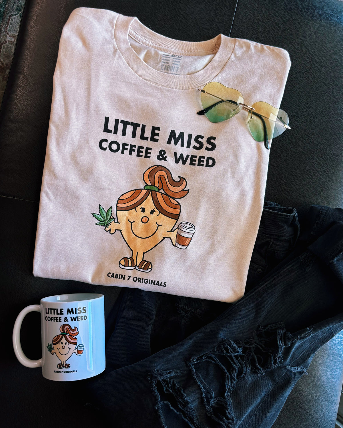 A long sleeve t-shirt with black text reading 'LITTLE MISS COFFEE & WEED' and a Little Miss character holding a coffee cup and cannabis leaf.
