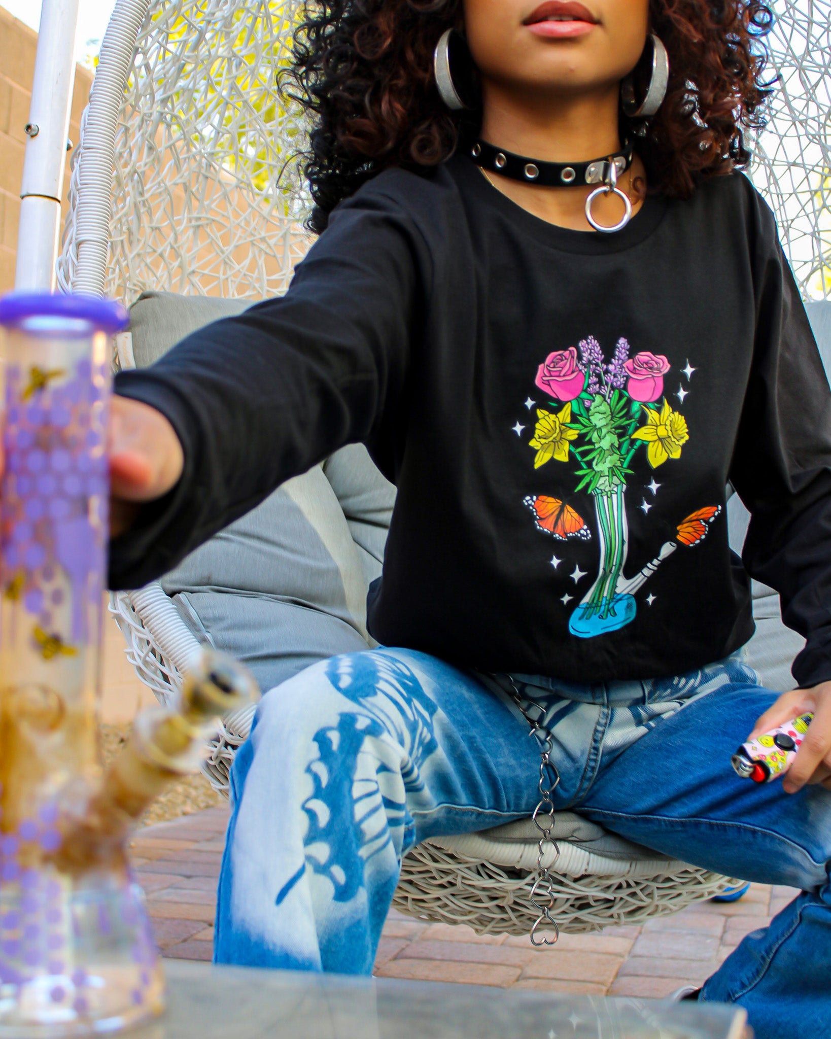 Bong Bouquet Long Sleeve T-Shirt - Black