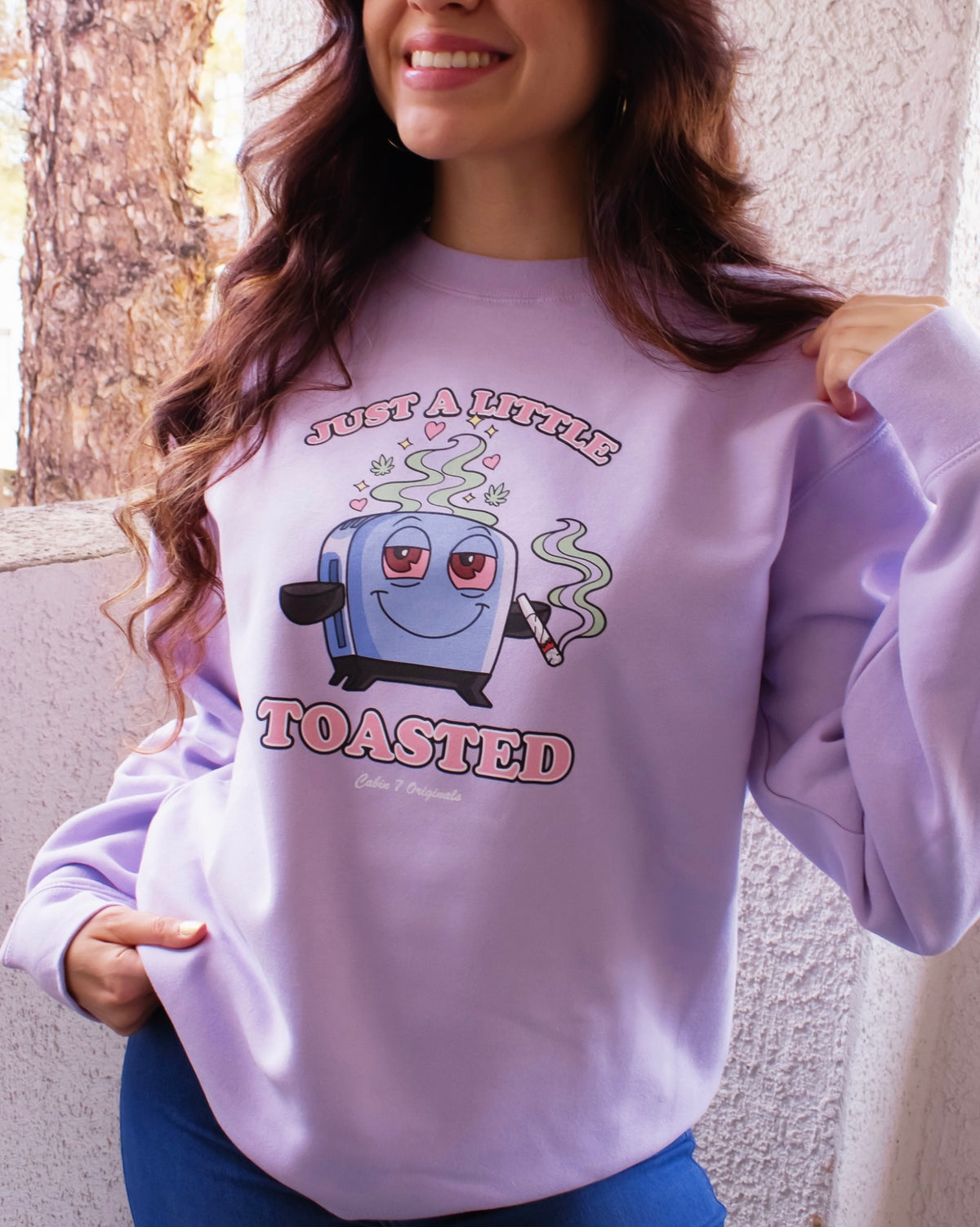A light purple graphic T-shirt featuring a cartoon toaster with the text 'JUST A LITTLE TOASTED'.