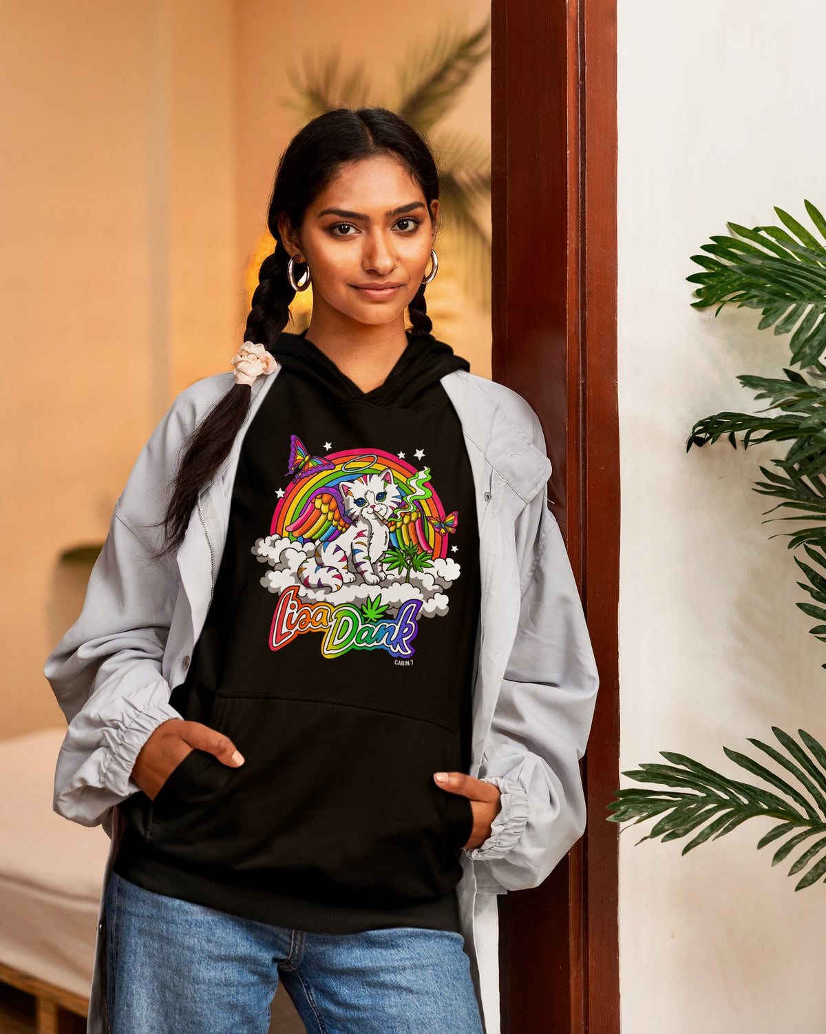 A black hoodie with a colorful stoner Lisa Frank style design, featuring a kitten with angel wings, a rainbow, and a weed plant. Text says "Lisa Dank". Hippie hoodie, stoner hoodie, 420 hoodie.