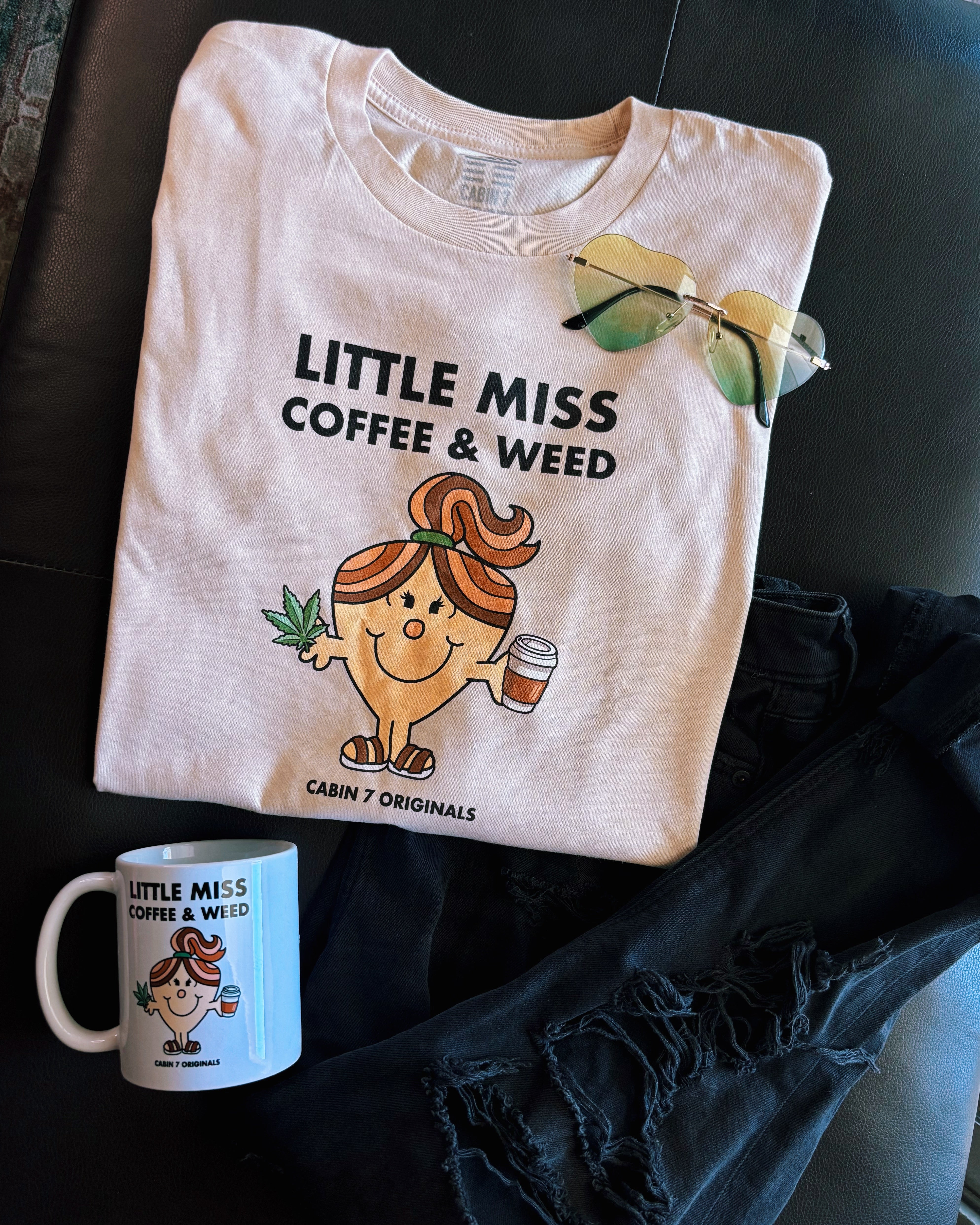 A long sleeve t-shirt with black text reading 'LITTLE MISS COFFEE & WEED' and a Little Miss character holding a coffee cup and cannabis leaf.